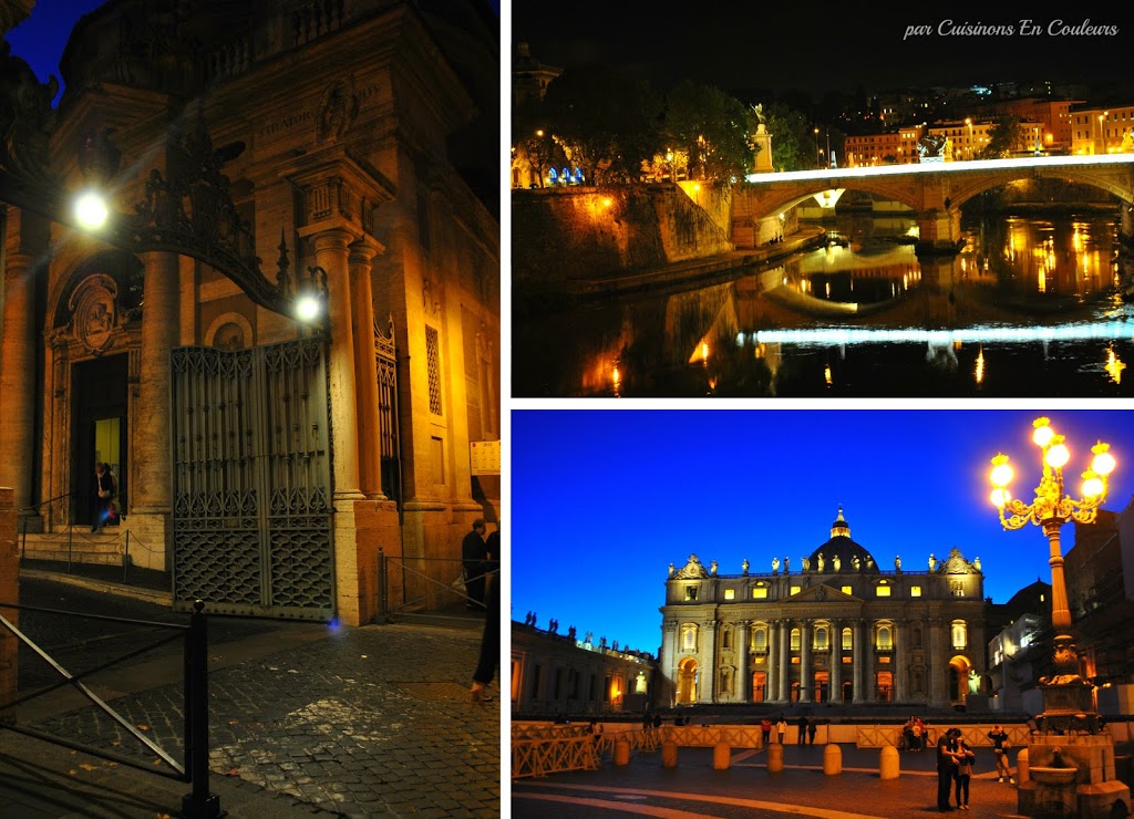 Et puis, Rome a un autre visage la nuit, très mystérieux.L’entrée du Vatican à gauche et…