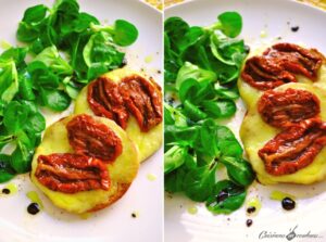 Salade de mâche, crostini à la tomme de Savoie et aux tomates séchées