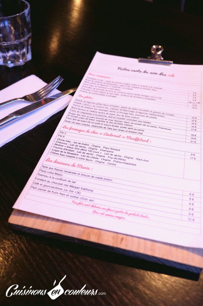 Menu - Le Comptoir des Arts - Paris 5