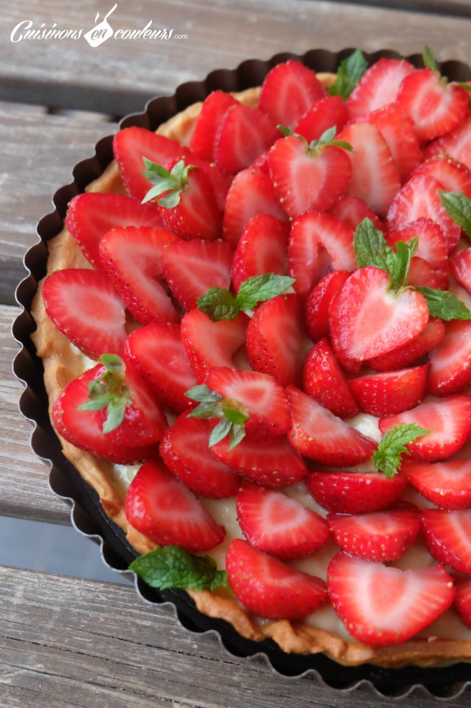 Tarte-aux-fraises-682x1024 - Tarte aux fraises sur une crème pâtissière à la menthe