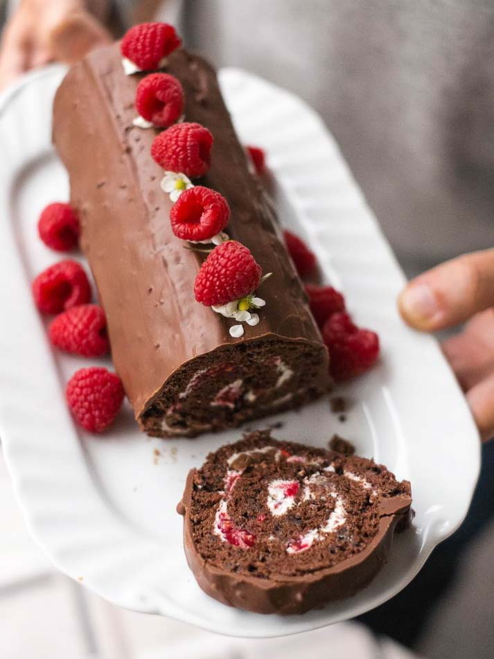 Bûche au chocolat et aux framboises