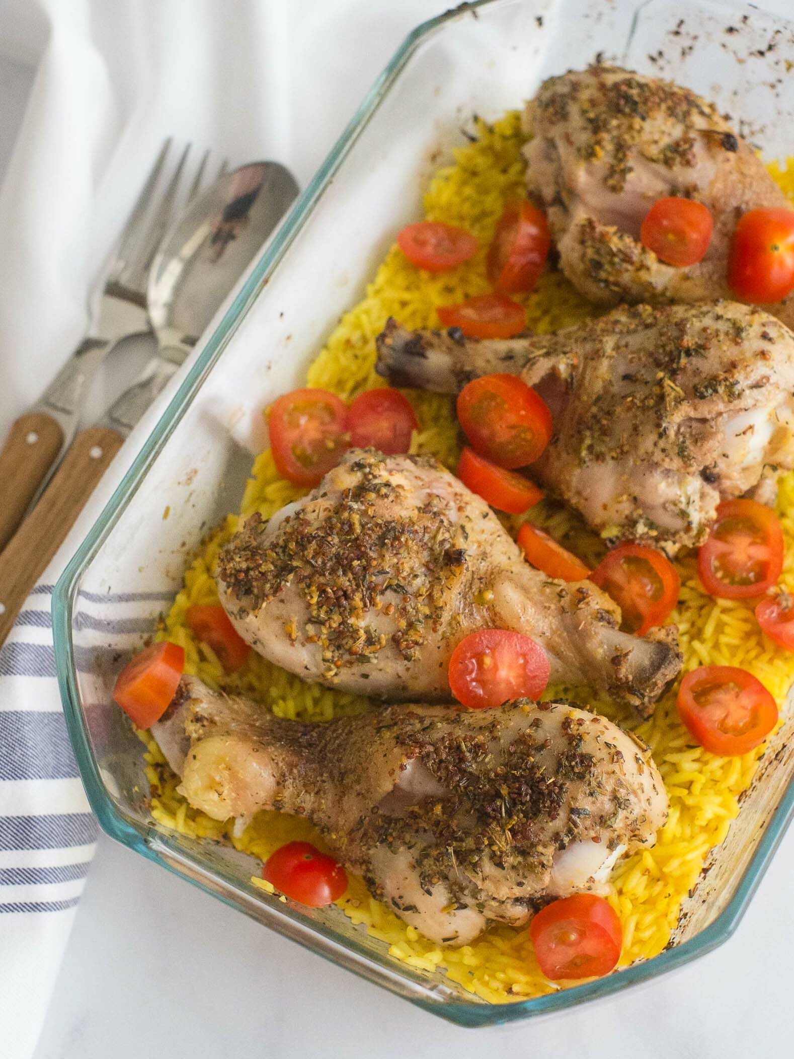 Pilons de poulet aux herbes de Provence et riz au curcuma